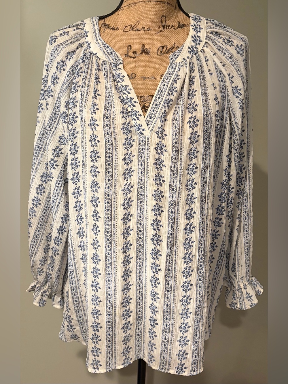 Stitch by Chenault Boho Floral Striped Ruffle Blouse Top XL Blue White